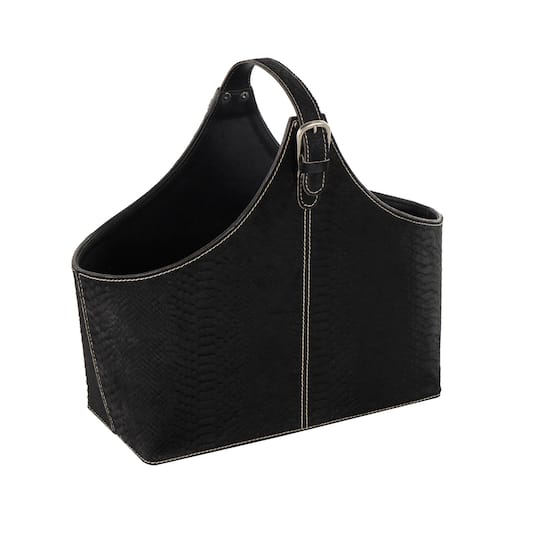 17" Black Leather Handmade Box Style Decorative Magazine Holder with Detail Stitching & Curved Buckle Handles